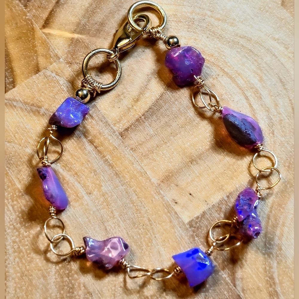 Nature's Raw Ethiopian Pink Fire Opal In Freeform Artisan Gold Plated Bracelet